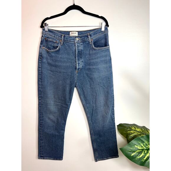 AGOLDE Riley High Rise Straight Leg Denim Jean Medium Blue Wash in 31 / 12 - Picture 1 of 9
